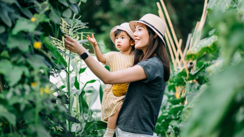 A woman holds her child as they both reach out to touch a green plant.