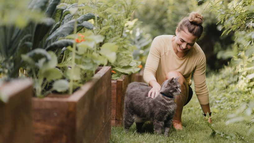 A woman pats a cat in her garden.