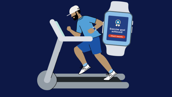 Illustration of a person running on a treadmill and a close up of a smart watch reading ‘Exercise goal achieved! Check rewards’