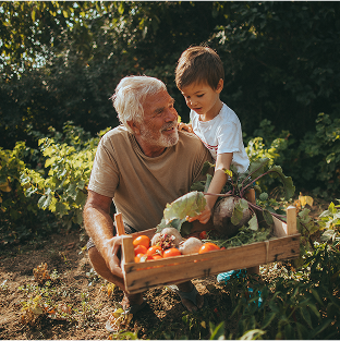 Grandfather and grandson gardening together, symbolising future-focused healthcare partnerships